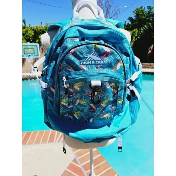 High Sierra Aqua Blue Fat Boy Toucan Tropical Over The Shoulder Logo Backpack - Picture 2 of 15
